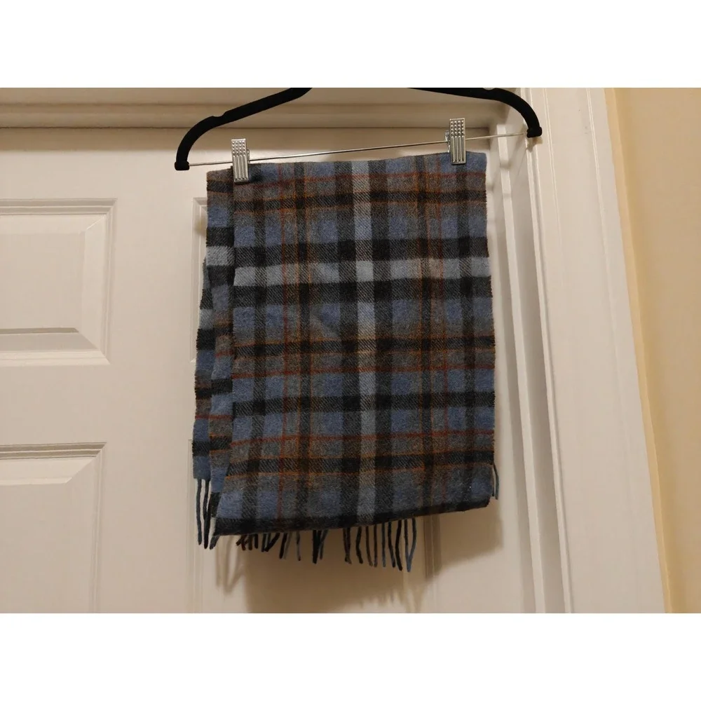 LL Bean Wool Plaid Scarf Blue Gray Brown Tartan Fringe Winter Neckwear 59